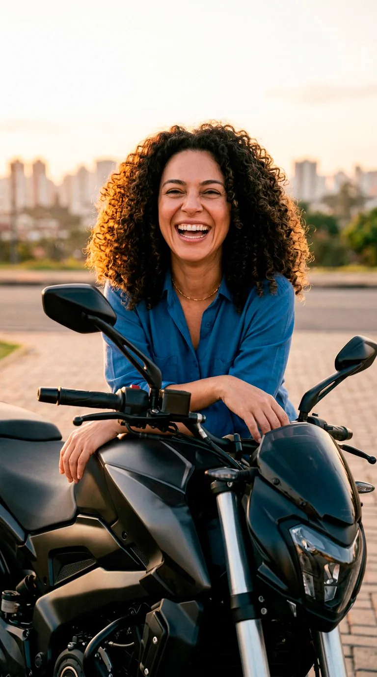 Mulher apoiada em uma moto protegida por seguro da Bet Seguros